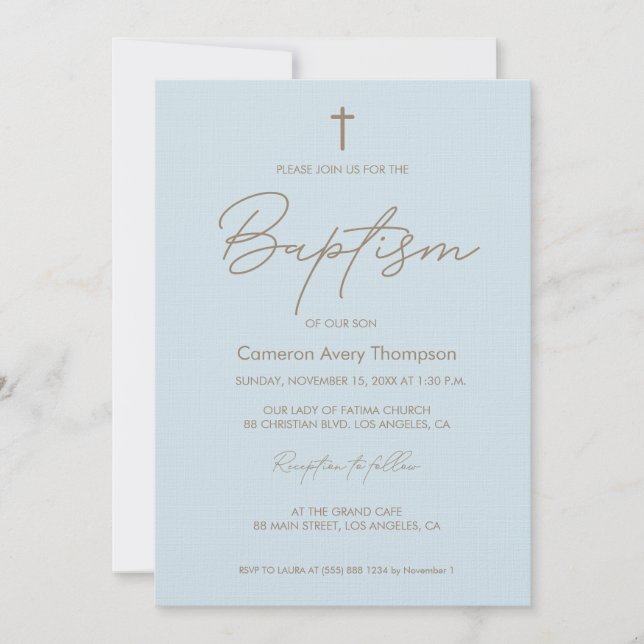Invitation Baby Blue Gold Cross calligraphie typographique mo (Devant)