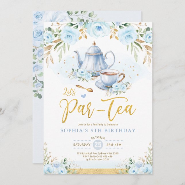 Invitation Baby Blue Gold Floral Girls Anniversaire Tea Party (Devant / Derrière)