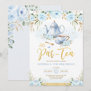 Invitation Baby Blue Gold Floral Girls Anniversaire Tea Party
