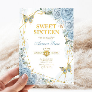 Invitation Baby Blue Gold Sweet 16 Butterfly Cadre géométriqu