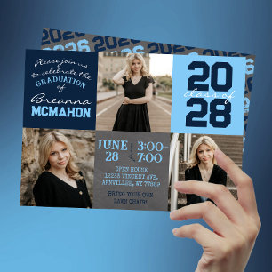 Invitation Baby Blue & Navy Chalkboard 3 Photo Graduation