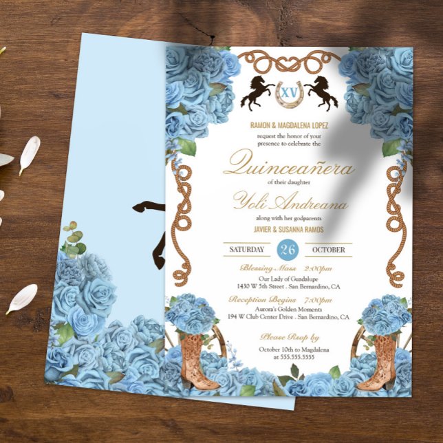 Invitation Baby Blue Rose Western Charra Quinceañera (Créateur téléchargé)