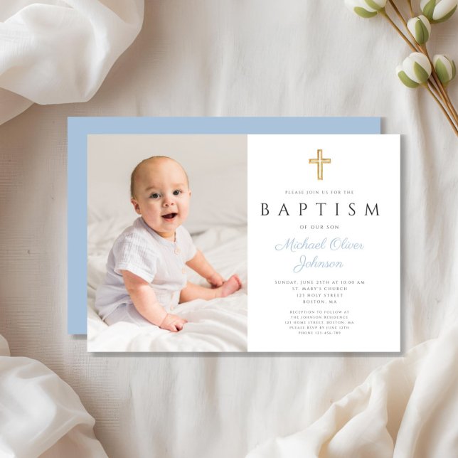 Invitation Baby Blue Script moderne Croix Boy Photo Baptême (Modern Baby Blue Script Cross Boy Photo Baptism Invitation)