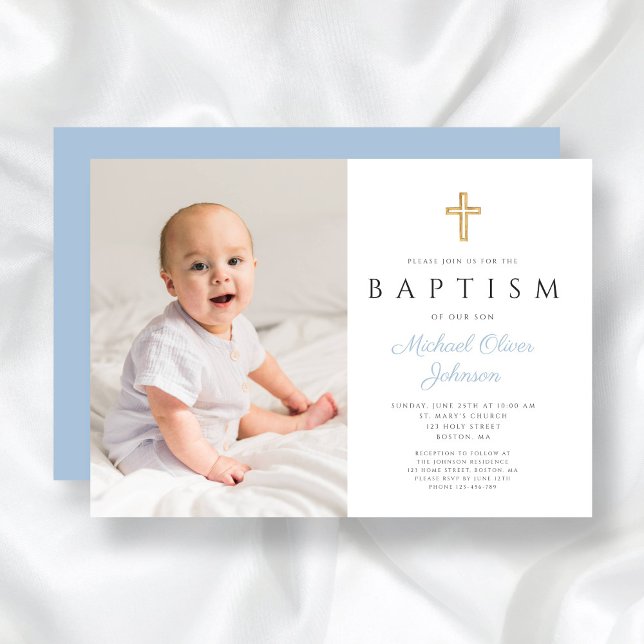 Invitation Baby Blue Script moderne Croix Boy Photo Baptême (Modern Baby Blue Script Cross Boy Photo Baptism Invitation)