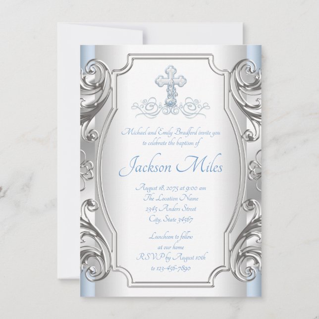 Invitation Baby Blue Silver Cross Boy Baptism Christening (Dos)