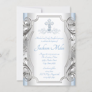 Invitation Baby Blue Silver Cross Boy Baptism Christening