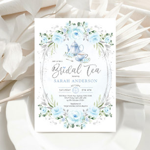 Invitation Baby Blue Silver Flower Fête des mariées Tea Party