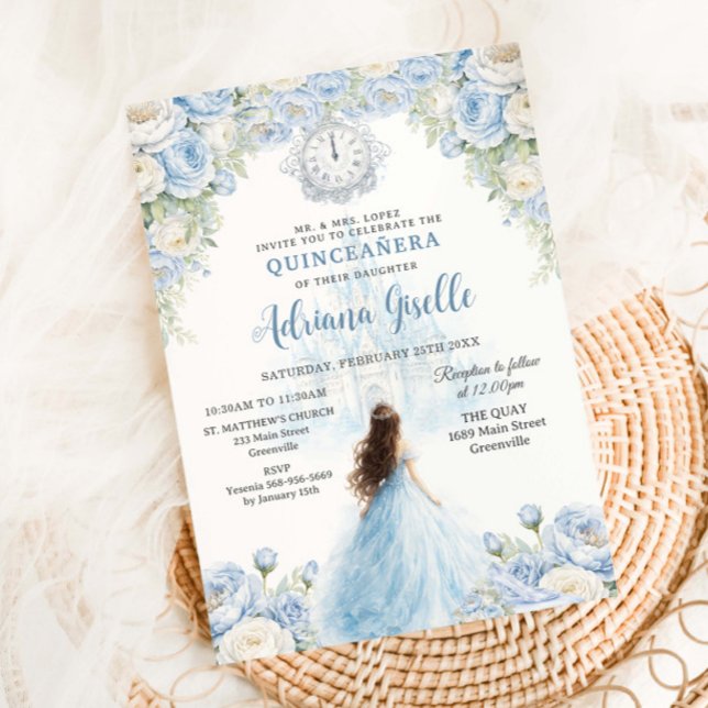 Invitation Baby Blue White Floral Cinderella Quinceanera 15 (Créateur téléchargé)