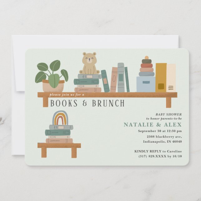 Invitation Baby Book Shelf Green Neutral Baby shower (Devant)