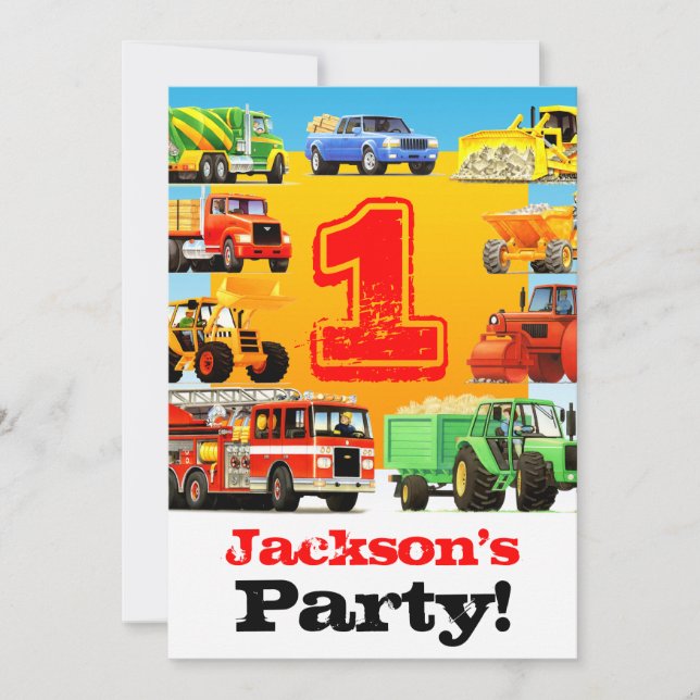 Invitation Baby Boy 1er anniversaire Big Trucks Party (Devant)