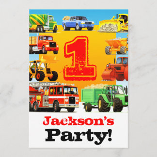 Invitation Baby Boy 1er anniversaire Big Trucks Party
