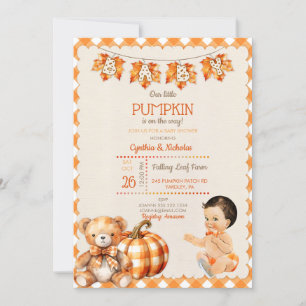 Invitation Baby Boy Automne Plaid Teddy Bear Citrouille Feuil