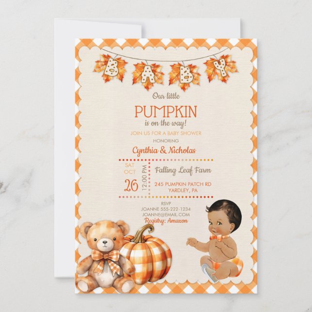 Invitation Baby Boy Automne Plaid Teddy Bear Citrouille Feuil (Devant)