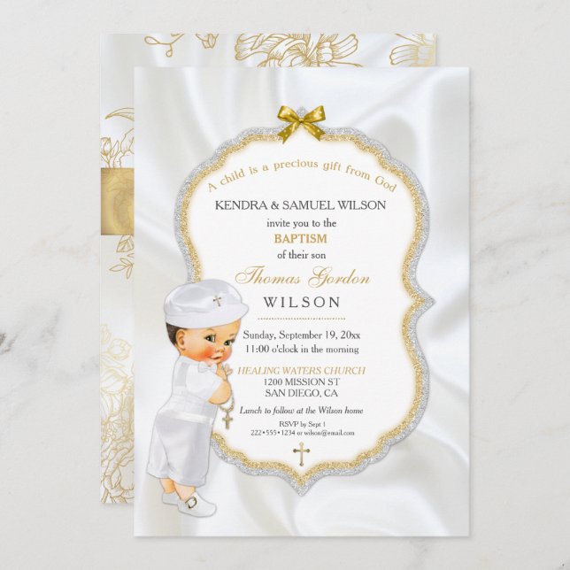Invitation Baby Boy Baptism Christening Gold Cross (Devant / Derrière)