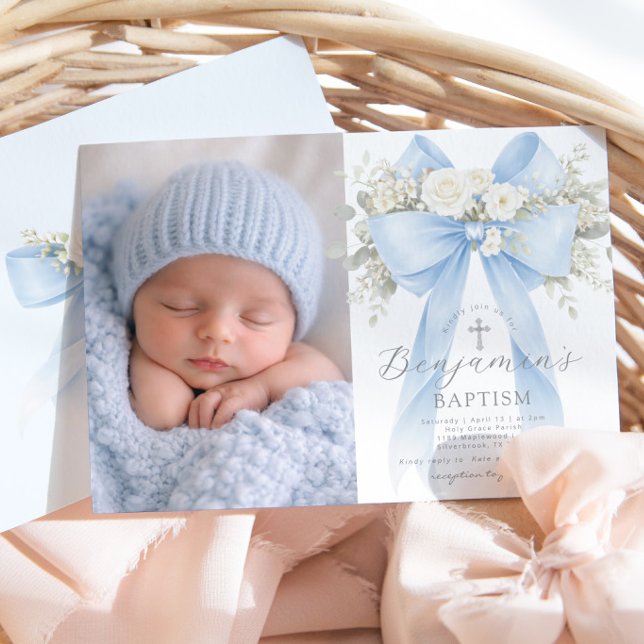 Invitation Baby Boy Baptism Photo Floral Eucalyptus Bow (Créateur téléchargé)