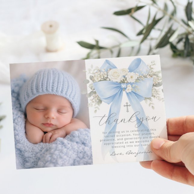 Invitation Baby Boy Baptism Photo Floral Thank you Card (Créateur téléchargé)