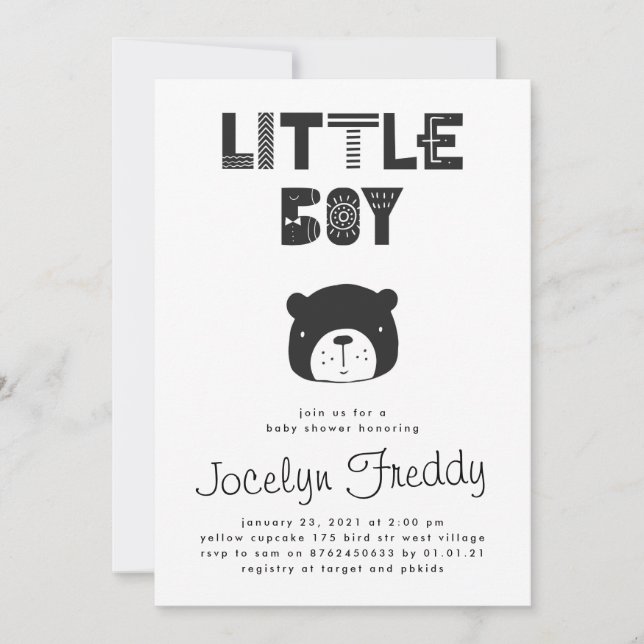 Invitation Baby Boy Bear Baby shower noir et blanc (Devant)