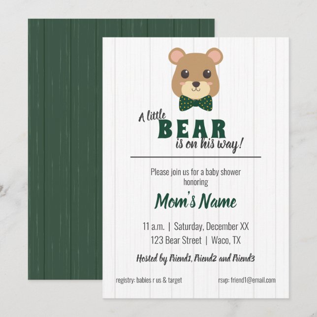 Invitation Baby Boy Bear Green & Gold Baby shower (Devant / Derrière)