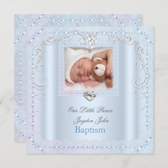 Invitation Baby Boy Bleu Baptême Baptême Croix Prince (Devant / Derrière)