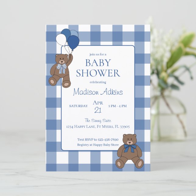 Invitation Baby Boy Blue Bearly Teddy Bears Baby Shower (Debout devant)
