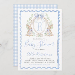 Invitation Baby Boy Bunny Rabbit Douche Preppy Blue En vichy