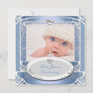 Invitation Baby Boy Christening Baptême Bleu Blanc