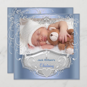 Invitation Baby Boy Christening Baptême Croix Bleue Argent