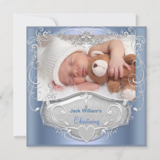 Invitation Baby Boy Christening Baptême Croix Bleue Argent