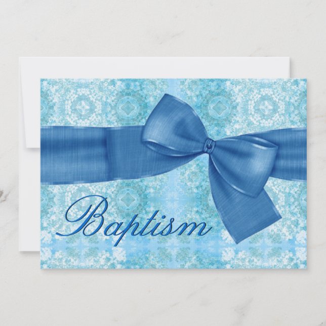 Invitation Baby Boy Christening Blue Damask Faux Bow (Devant)