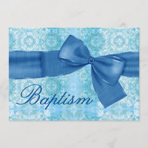 Invitation Baby Boy Christening Blue Damask Faux Bow