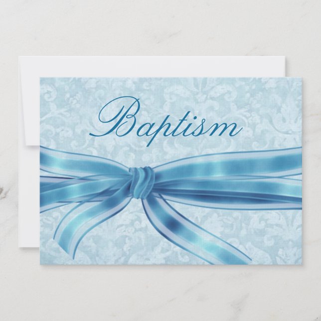 Invitation Baby Boy Christening Blue Damask Linen Papier (Devant)
