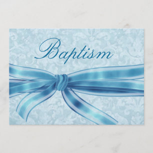Invitation Baby Boy Christening Blue Damask Linen Papier