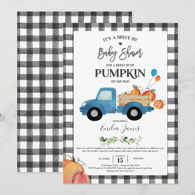 Invitation Baby Boy Citrouille Camion Citrouille Baby shower  (Devant / Derrière)