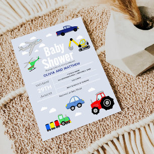 Invitation Baby Boy Cute Blue Car Train Baby shower de voyage