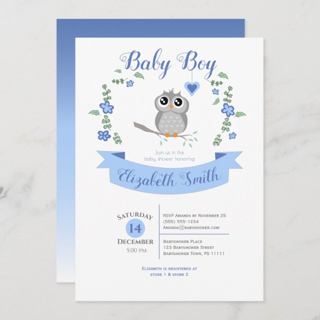 Invitation Baby Boy Cute owl baby shower (Devant / Derrière)