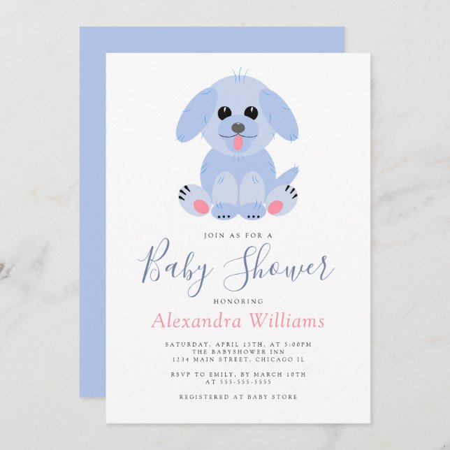 Invitation Baby Boy Douche Bleu Chiot Personnalisé (Devant / Derrière)