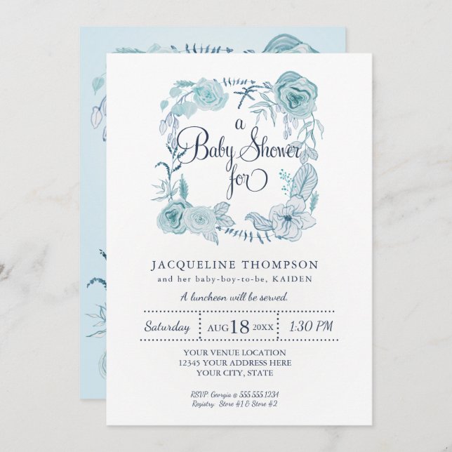 Invitation Baby Boy Douche Marine avec Aqua Blue Aquarelle Fl (Devant / Derrière)