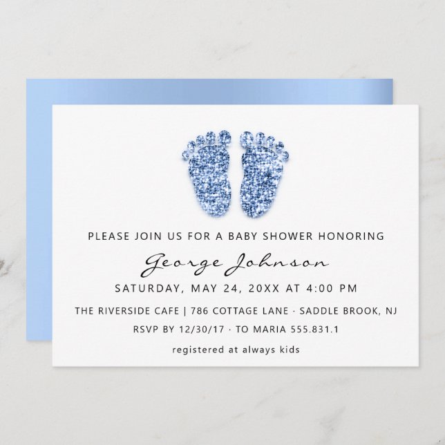 Invitation Baby Boy Douche Pieds Parties scintillant Bleu Bla (Devant / Derrière)