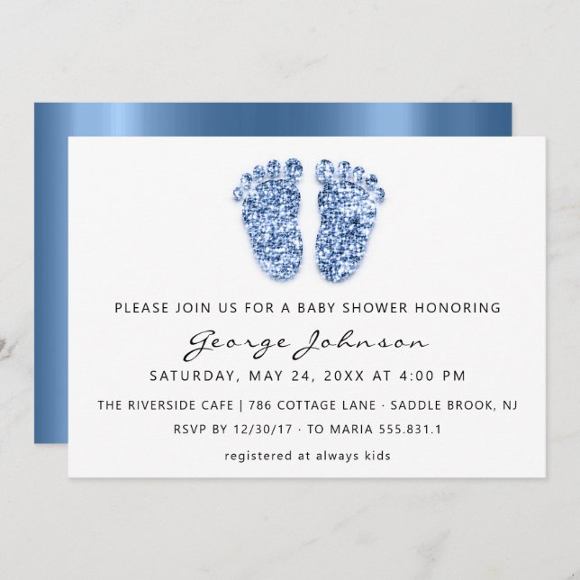 Invitation Baby Boy Douche Pieds Parties scintillant Bleu Bla (Devant / Derrière)