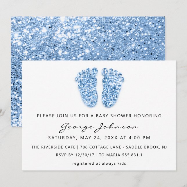 Invitation Baby Boy Douche Pieds Parties scintillant Bleu Bla (Devant / Derrière)