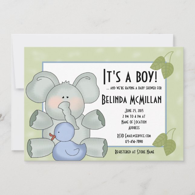 Invitation Baby Boy Elepant sur Green (Devant)