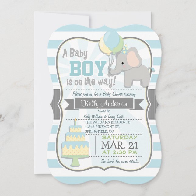 Invitation Baby Boy Elephant, Baby shower animal de la jungle (Devant)