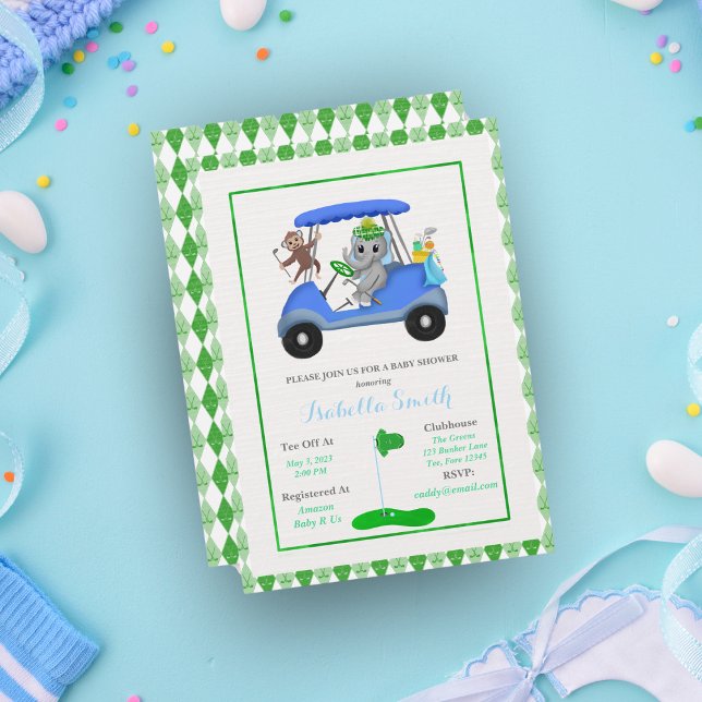 Invitation Baby Boy Elephant & Monkey Douche (Swing a hole in one with this adorable golf themed baby shower invitation!)
