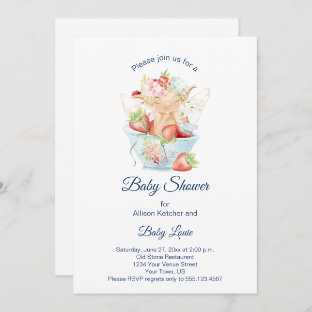 Invitation Baby Boy Fairy in Blue Teacup Baby shower (Devant / Derrière)