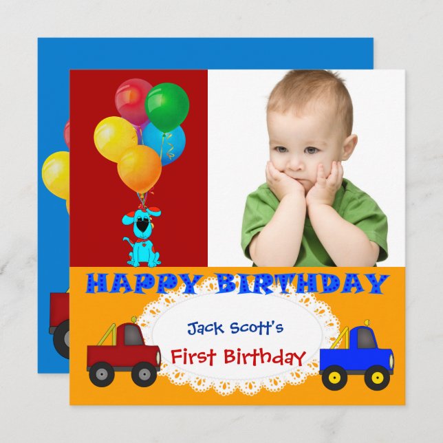 Invitation Baby Boy First Birthday 1er Colorful Puppy Trucks (Devant / Derrière)