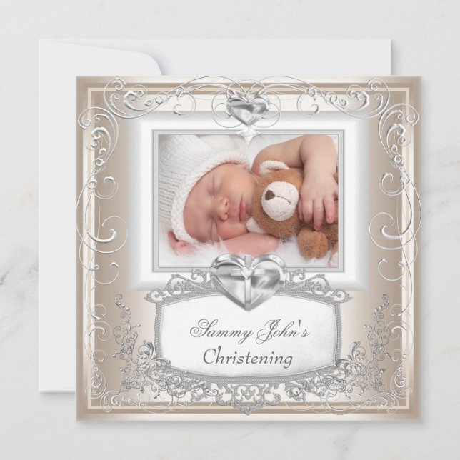 Invitation Baby Boy Girl Cream Christening Baptism Cross (Devant)