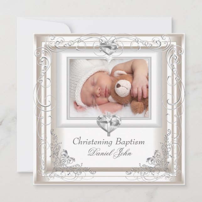 Invitation Baby Boy Girl Cream Christening Baptism Cross (Devant)