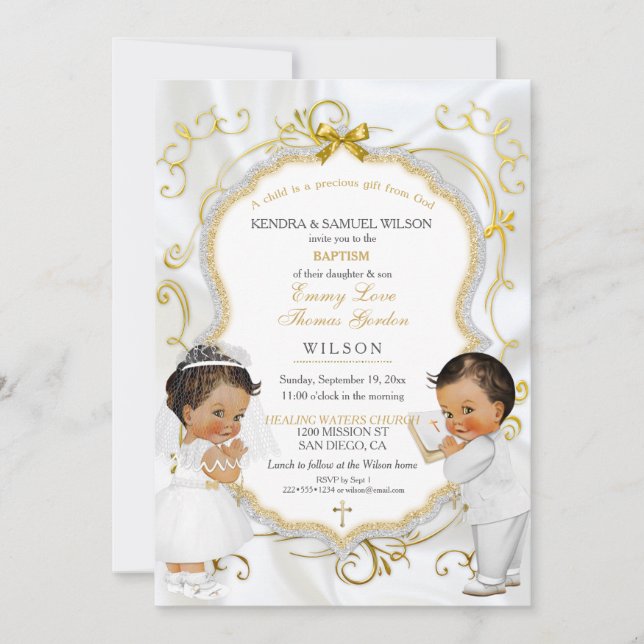 Invitation Baby Boy Girl Twins Baptême Christening Communion (Devant)