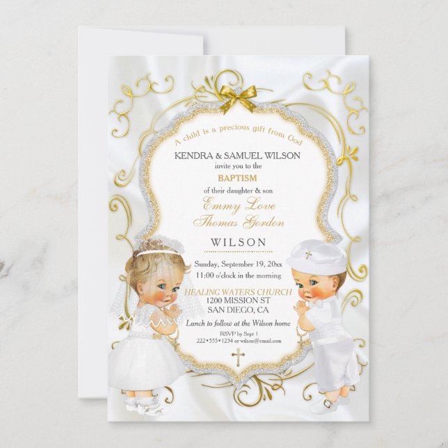 Invitation Baby Boy & Girl Twins Baptême Christening Gold (Devant)