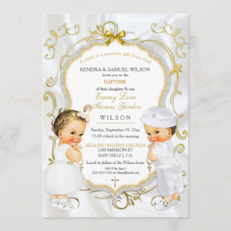 Invitation Baby Boy & Girl Twins Baptême Christening Gold